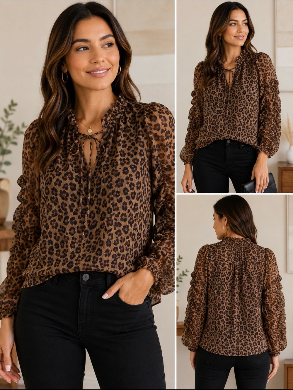 CeCe Leopard Print Ruffle Sleeve Blouse Size M